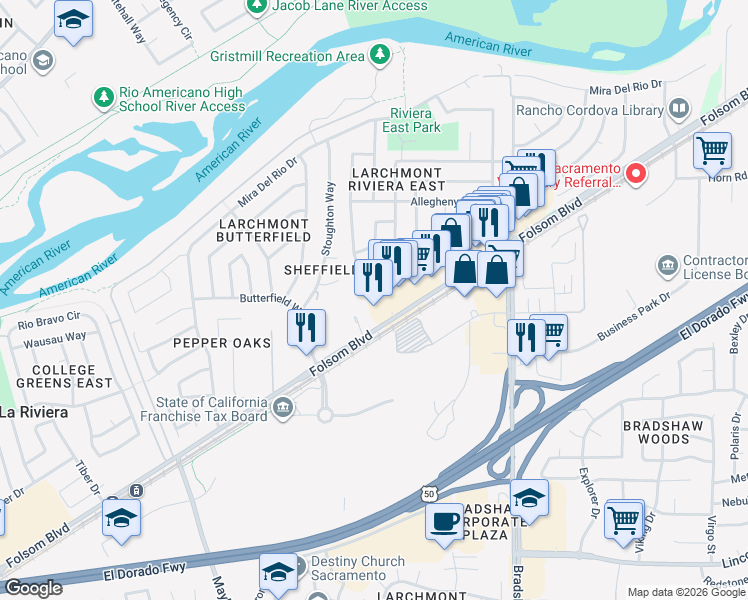 map of restaurants, bars, coffee shops, grocery stores, and more near 9521 Folsom Boulevard in Sacramento