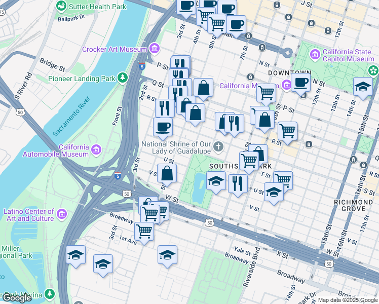 map of restaurants, bars, coffee shops, grocery stores, and more near 500 T Street in Sacramento