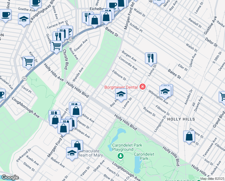 map of restaurants, bars, coffee shops, grocery stores, and more near 6135 Newport Avenue in St. Louis