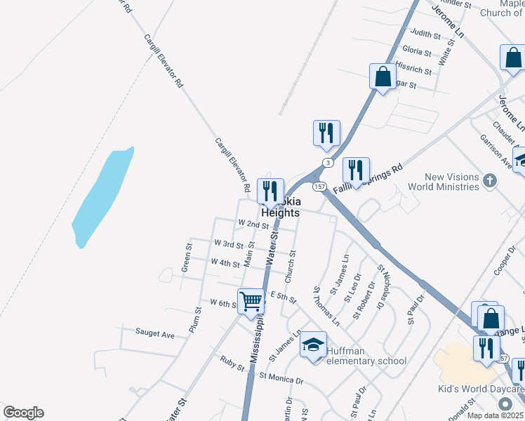 map of restaurants, bars, coffee shops, grocery stores, and more near 104 Main Street in Cahokia