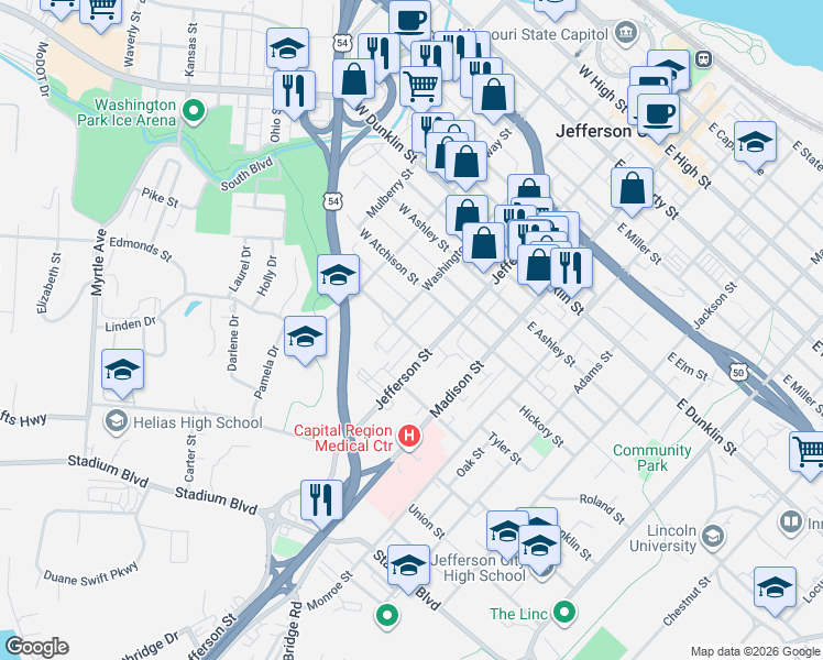 map of restaurants, bars, coffee shops, grocery stores, and more near 110 West Fillmore Street in Jefferson City