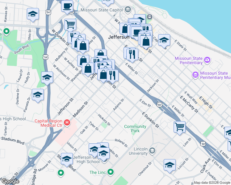 map of restaurants, bars, coffee shops, grocery stores, and more near 226 East Dunklin Street in Jefferson City