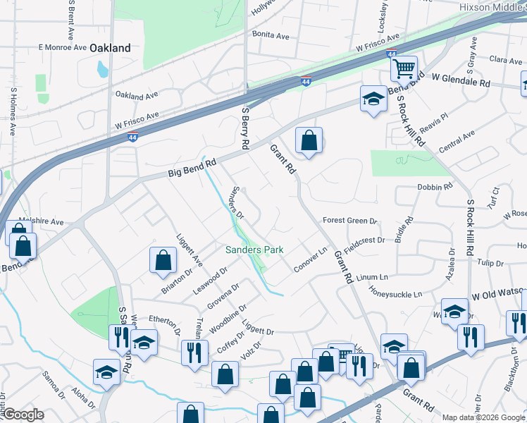 map of restaurants, bars, coffee shops, grocery stores, and more near 960 Curwood Drive in St. Louis