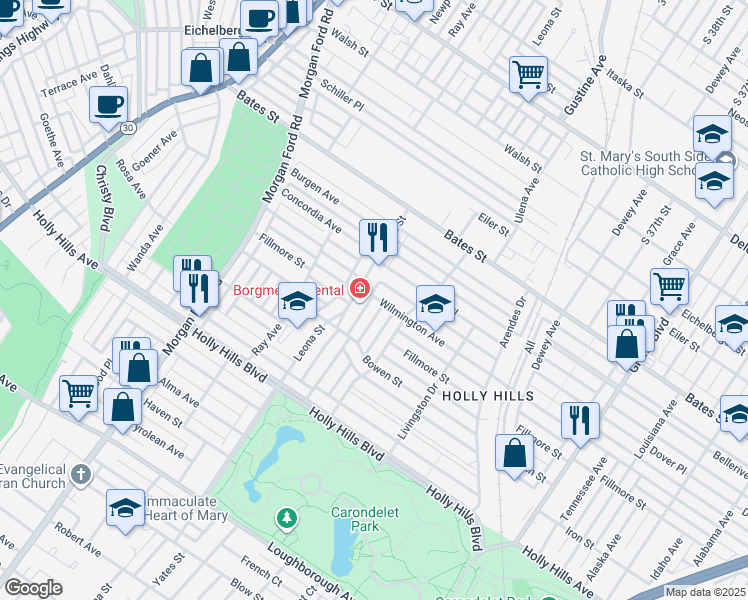 map of restaurants, bars, coffee shops, grocery stores, and more near 4011 Wilmington Avenue in St. Louis