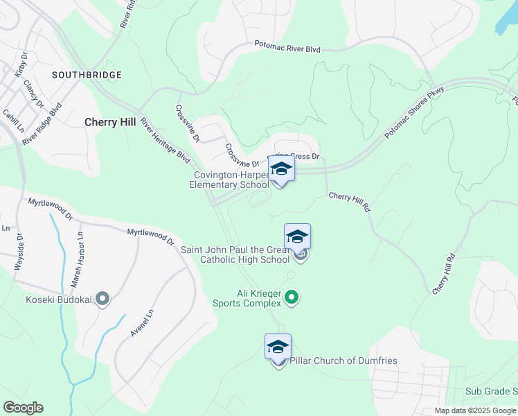 map of restaurants, bars, coffee shops, grocery stores, and more near 2500 River Heritage Boulevard in Dumfries