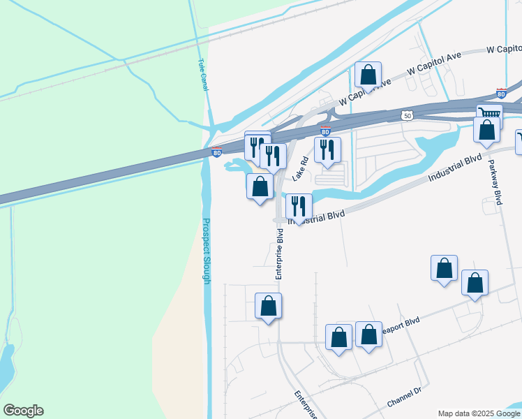 map of restaurants, bars, coffee shops, grocery stores, and more near 1400 Enterprise Boulevard in West Sacramento