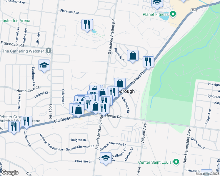 map of restaurants, bars, coffee shops, grocery stores, and more near 1200 South Laclede Station Road in St. Louis