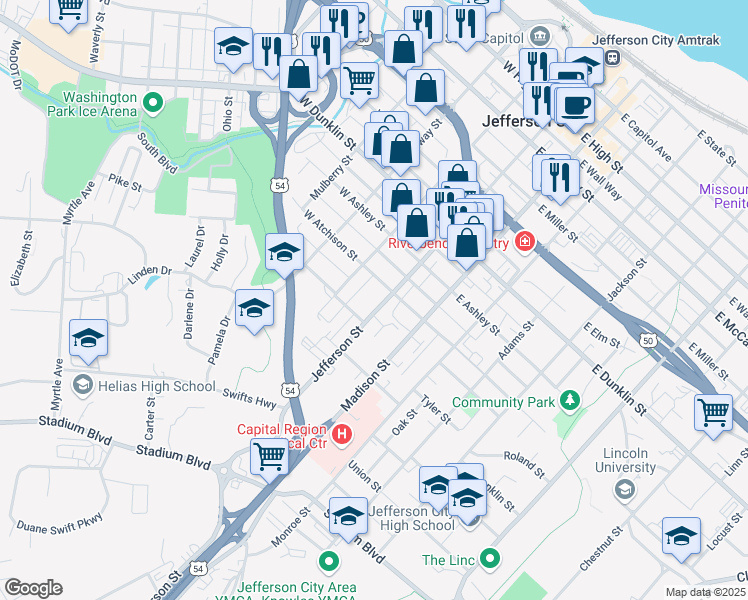 map of restaurants, bars, coffee shops, grocery stores, and more near 920 Jefferson Street in Jefferson City