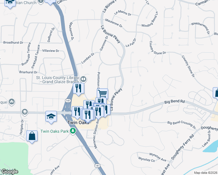 map of restaurants, bars, coffee shops, grocery stores, and more near 917 La Cherie Drive in Ballwin