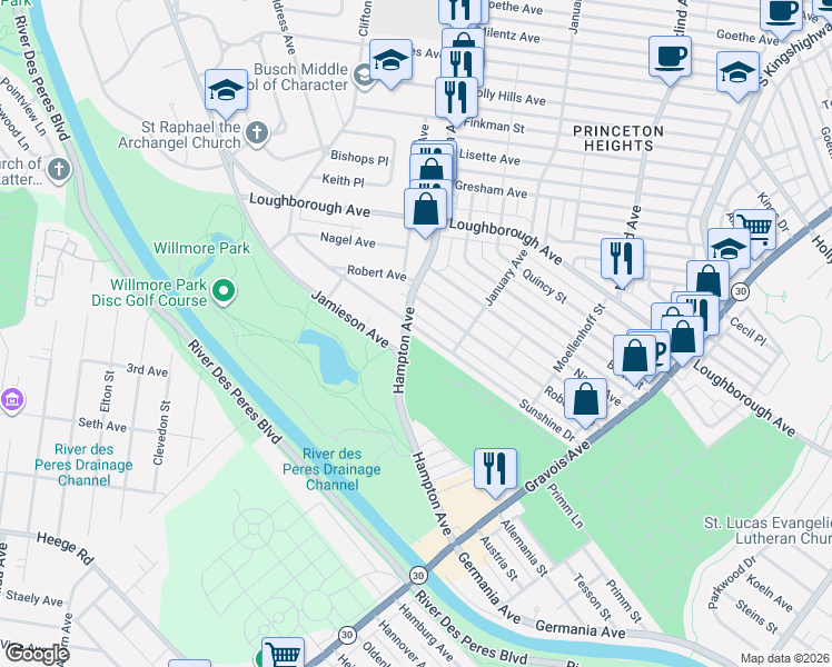 map of restaurants, bars, coffee shops, grocery stores, and more near 5443 Sunshine Drive in St. Louis