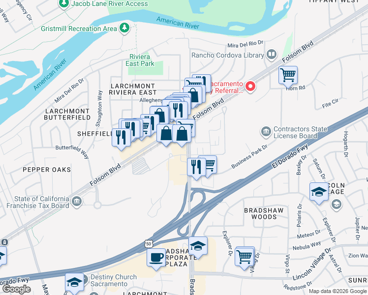 map of restaurants, bars, coffee shops, grocery stores, and more near 2948 Bradshaw Rd in Sacramento