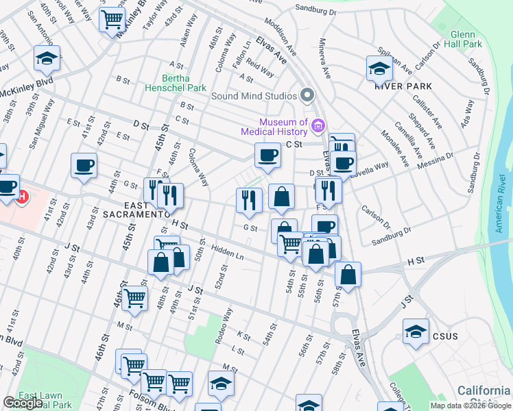 map of restaurants, bars, coffee shops, grocery stores, and more near 5241 F Street in Sacramento