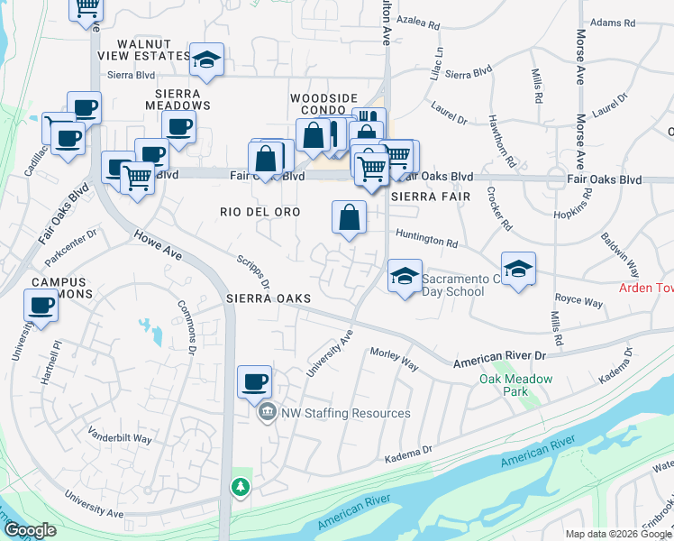 map of restaurants, bars, coffee shops, grocery stores, and more near 304 East Ranch Road in Sacramento