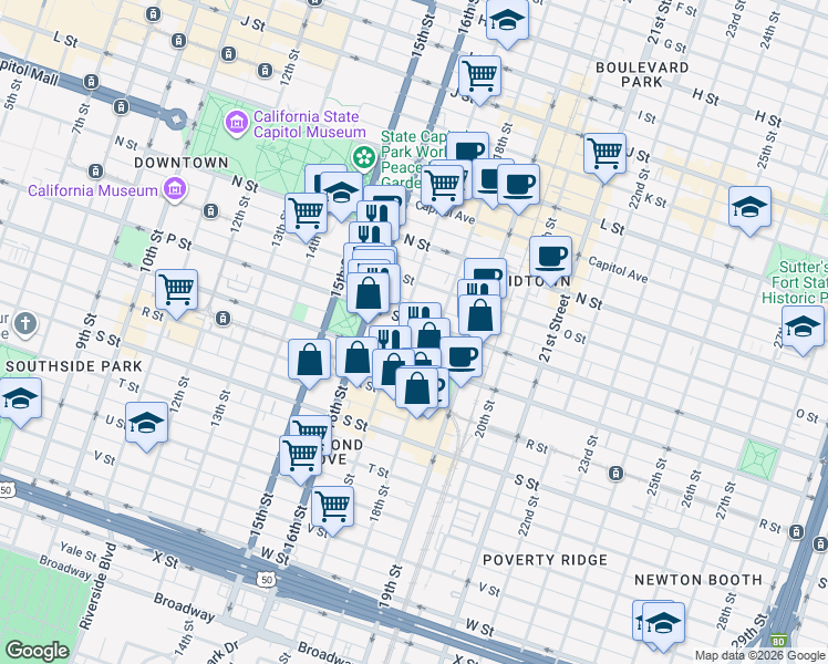map of restaurants, bars, coffee shops, grocery stores, and more near 1705 P Street in Sacramento