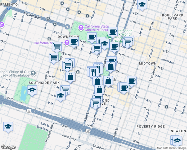 map of restaurants, bars, coffee shops, grocery stores, and more near 1701 14th Street in Sacramento