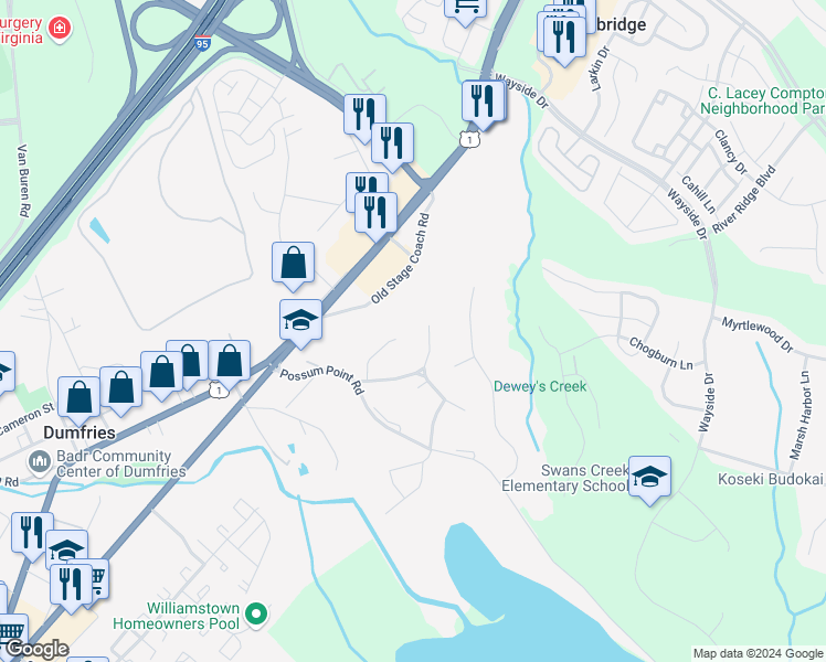 map of restaurants, bars, coffee shops, grocery stores, and more near 1796 Cherry Birch Street in Dumfries