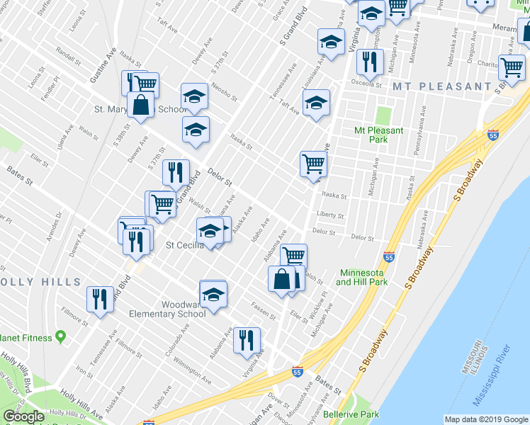 map of restaurants, bars, coffee shops, grocery stores, and more near in St. Louis