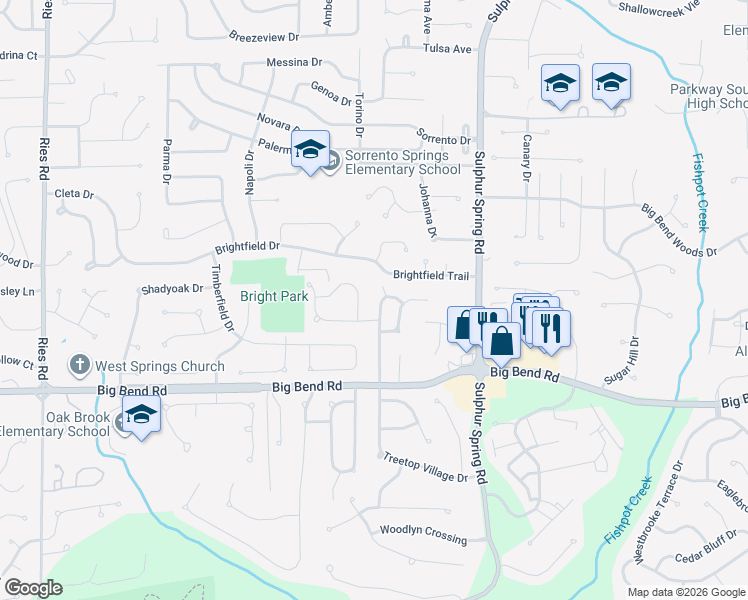 map of restaurants, bars, coffee shops, grocery stores, and more near 412 Treetop Village Court in Ballwin
