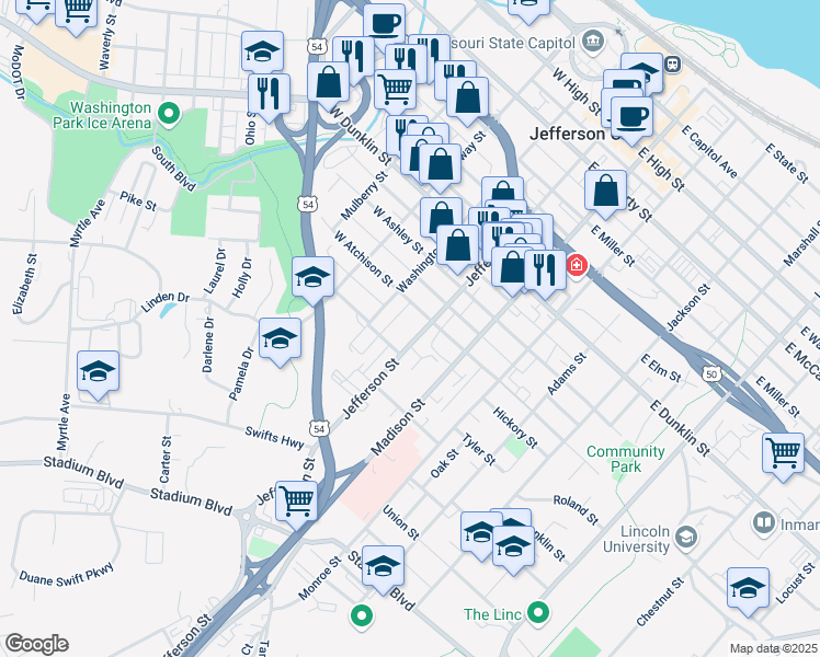 map of restaurants, bars, coffee shops, grocery stores, and more near 920 Jefferson Street in Jefferson City