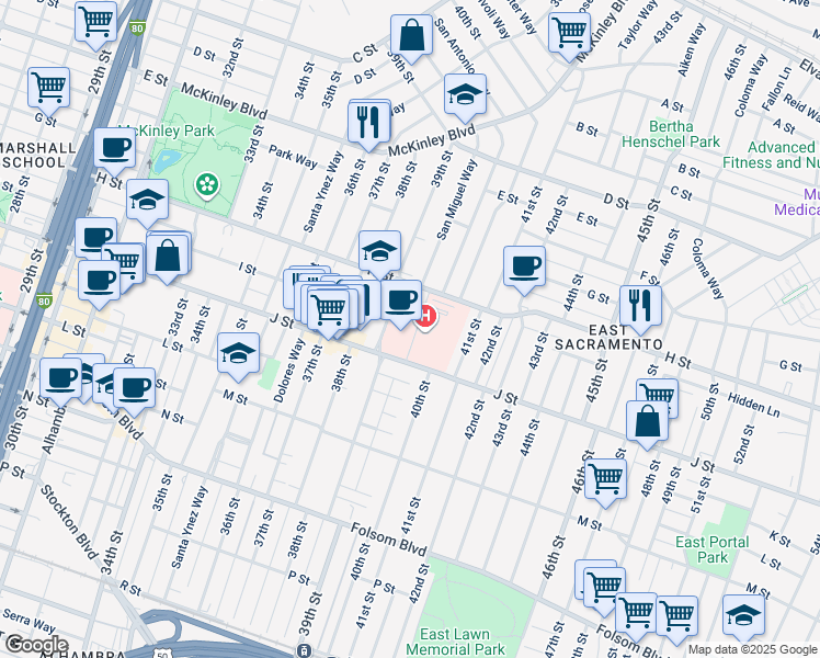 map of restaurants, bars, coffee shops, grocery stores, and more near 3901 J Street in Sacramento