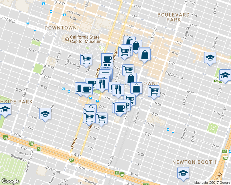 map of restaurants, bars, coffee shops, grocery stores, and more near 1706 P Street in Sacramento
