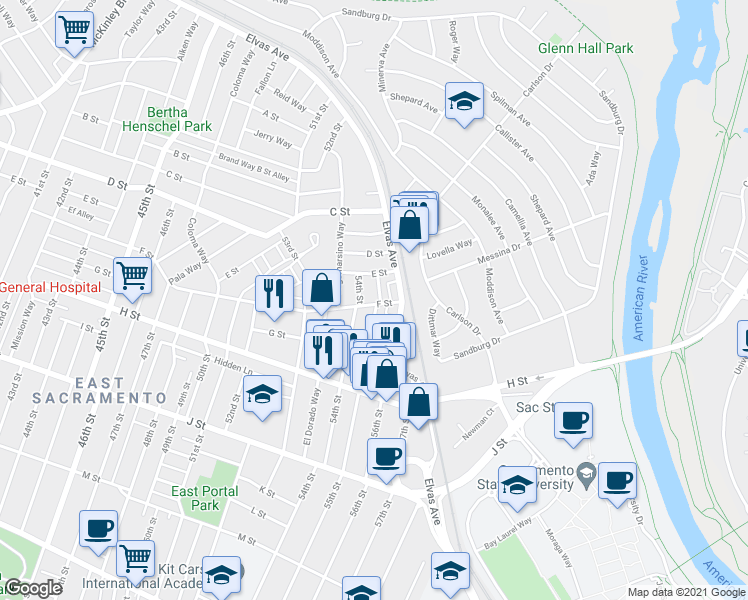 map of restaurants, bars, coffee shops, grocery stores, and more near 5425 F St in Sacramento