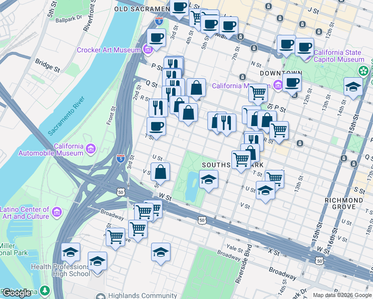 map of restaurants, bars, coffee shops, grocery stores, and more near T St & 6th St in Sacramento