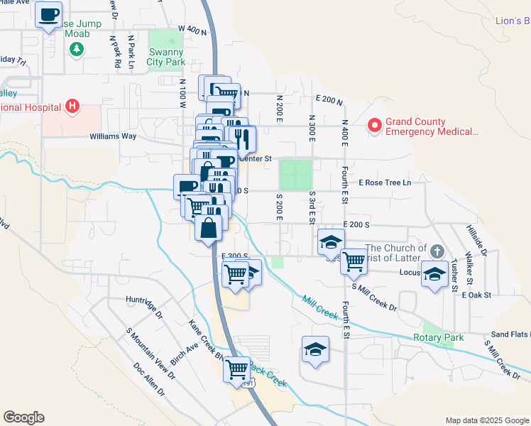 map of restaurants, bars, coffee shops, grocery stores, and more near 150 South 2nd East Street in Moab
