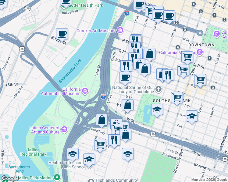 map of restaurants, bars, coffee shops, grocery stores, and more near 2021 3rd Street in Sacramento