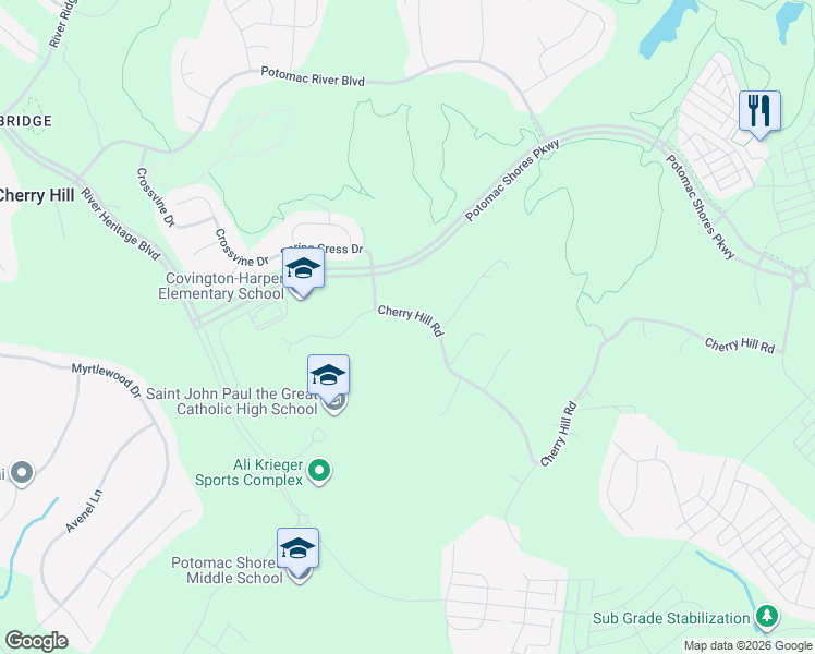 map of restaurants, bars, coffee shops, grocery stores, and more near 2205 Cherry Hill Rd in Dumfries