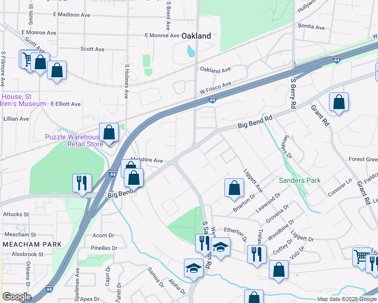map of restaurants, bars, coffee shops, grocery stores, and more near 9746 Big Bend Road in St. Louis