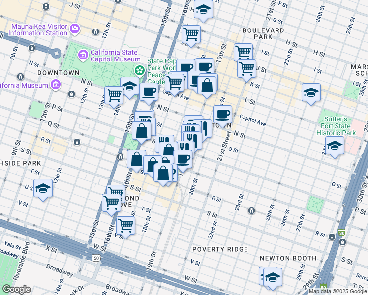 map of restaurants, bars, coffee shops, grocery stores, and more near 1801 P Street in Sacramento