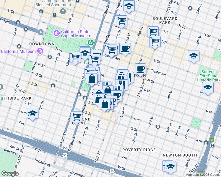 map of restaurants, bars, coffee shops, grocery stores, and more near P Street & 18th Street in Sacramento