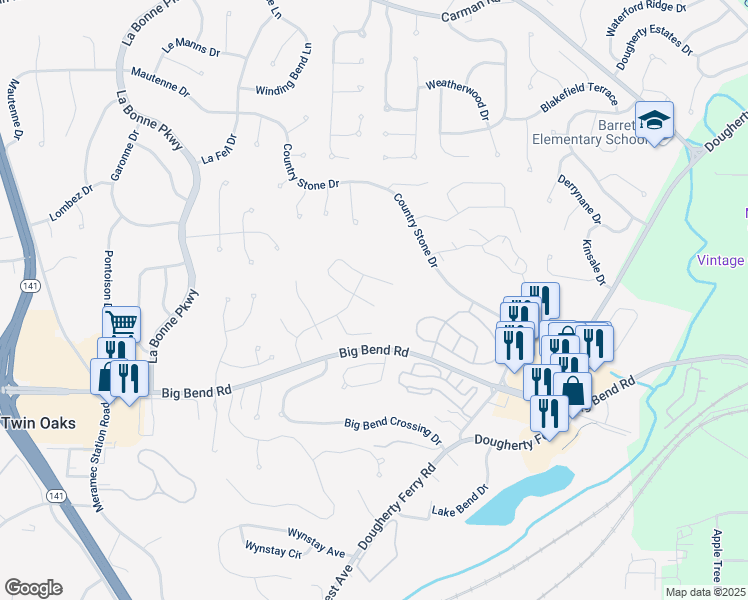 map of restaurants, bars, coffee shops, grocery stores, and more near 966 Woodside Village Lane in Ballwin