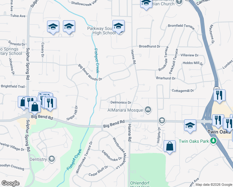 map of restaurants, bars, coffee shops, grocery stores, and more near 829 Knickerbacker Drive in Ballwin