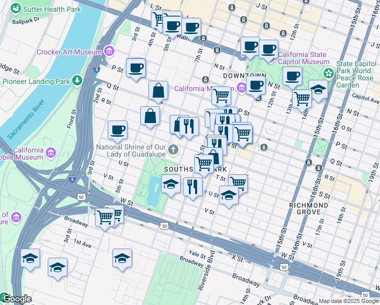 map of restaurants, bars, coffee shops, grocery stores, and more near 1901 8th Street in Sacramento