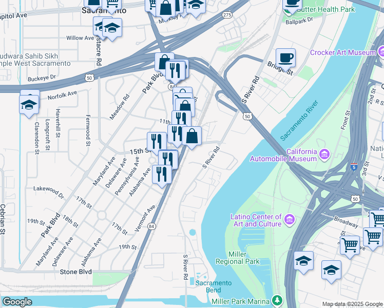 map of restaurants, bars, coffee shops, grocery stores, and more near 31 15th Street in West Sacramento
