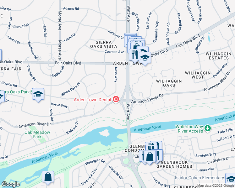 map of restaurants, bars, coffee shops, grocery stores, and more near 3435 American River Drive in Sacramento