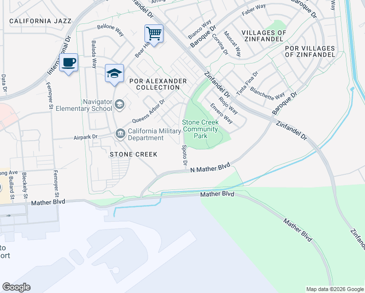map of restaurants, bars, coffee shops, grocery stores, and more near 3664 Spoto Drive in Rancho Cordova