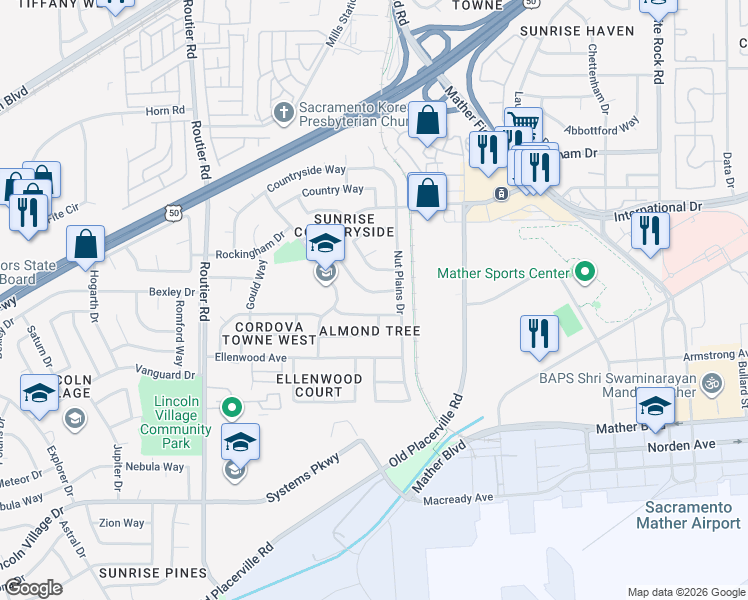 map of restaurants, bars, coffee shops, grocery stores, and more near 3364 Hartselle Way in Sacramento