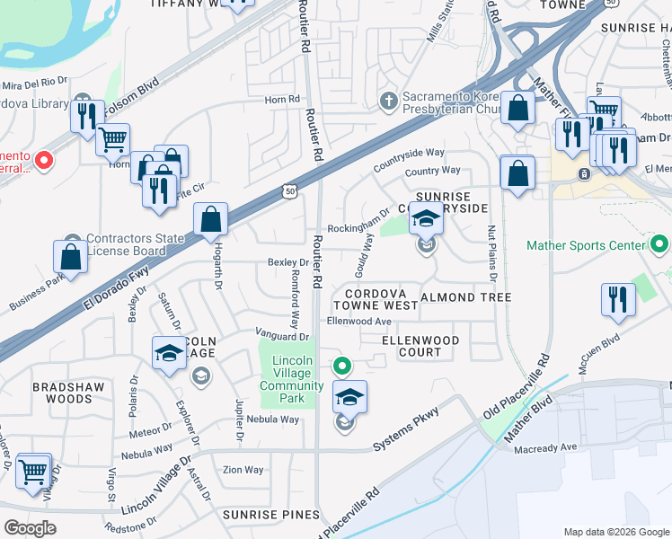 map of restaurants, bars, coffee shops, grocery stores, and more near 10126 Reba Court in Sacramento