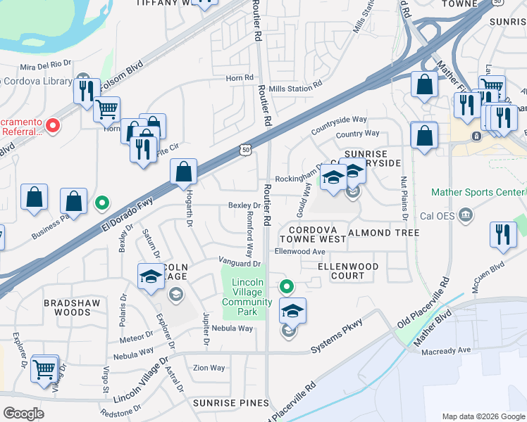 map of restaurants, bars, coffee shops, grocery stores, and more near 3334 Routier Road in Sacramento