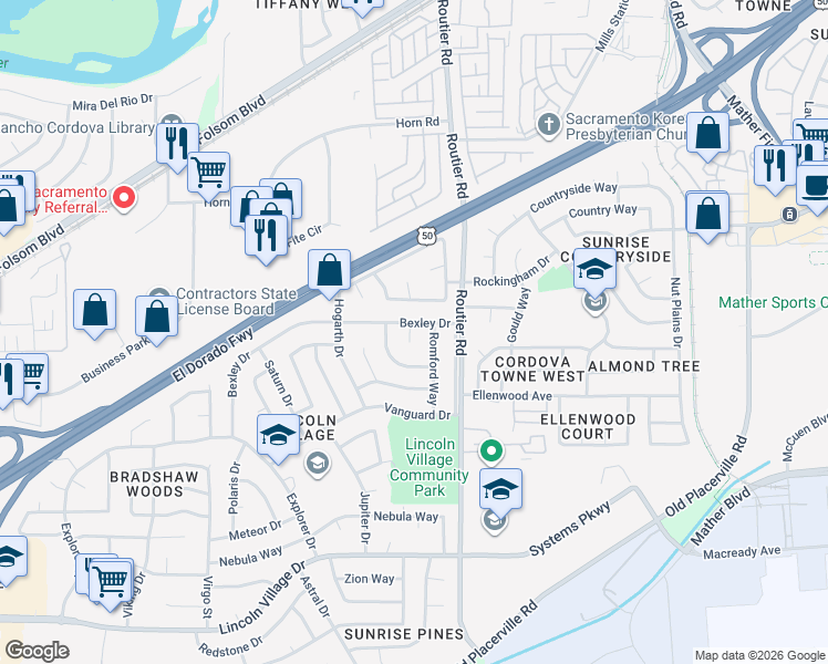 map of restaurants, bars, coffee shops, grocery stores, and more near 10010 Bexley Drive in Sacramento