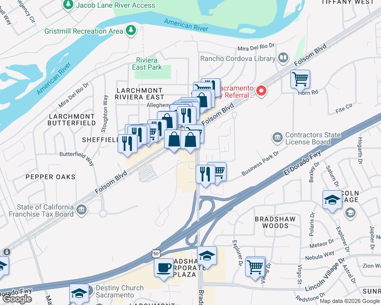 map of restaurants, bars, coffee shops, grocery stores, and more near 2948 Bradshaw Rd in Sacramento
