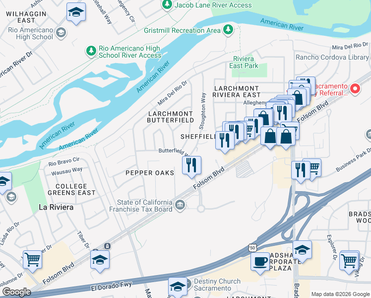 map of restaurants, bars, coffee shops, grocery stores, and more near 9512 Linda Rio Drive in Sacramento