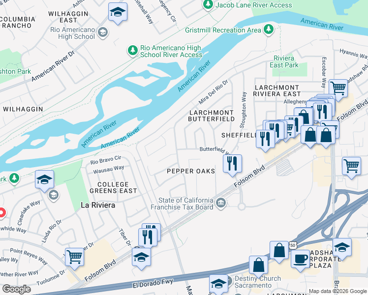 map of restaurants, bars, coffee shops, grocery stores, and more near 9388 Mira Del Rio Drive in Sacramento