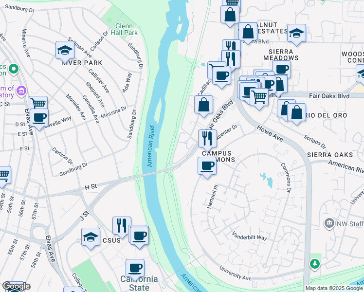 map of restaurants, bars, coffee shops, grocery stores, and more near 246 Cadillac Drive in Sacramento