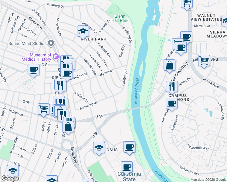 map of restaurants, bars, coffee shops, grocery stores, and more near 5907 Camellia Avenue in Sacramento