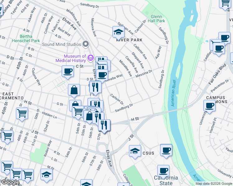 map of restaurants, bars, coffee shops, grocery stores, and more near 5614 McAdoo Avenue in Sacramento