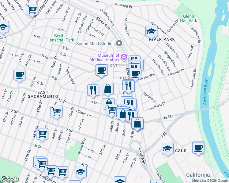 map of restaurants, bars, coffee shops, grocery stores, and more near 530 54th Street in Sacramento
